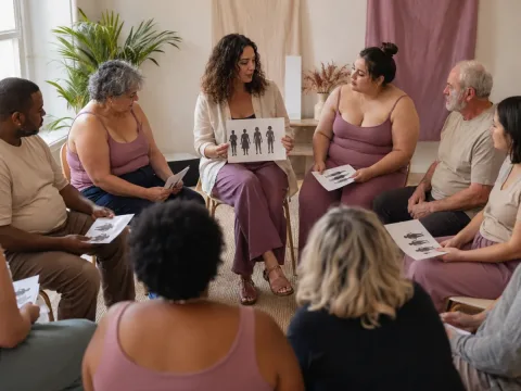 Grupo diverso reflexionando sobre respeto corporal e inclusión