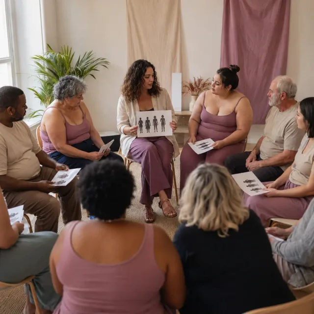 Grupo diverso reflexionando sobre respeto corporal e inclusión