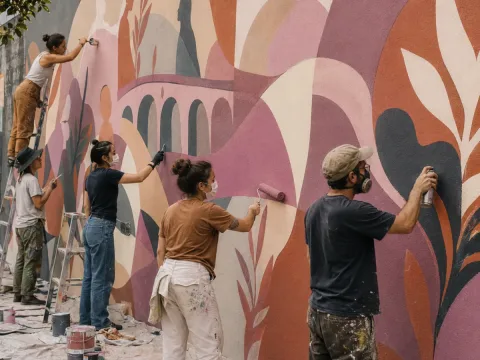 Artistas comunitarios pintando un mural urbano sobre igualdad y convivencia