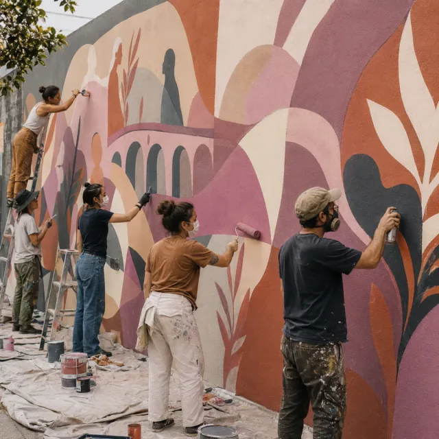 Artistas comunitarios pintando un mural urbano sobre igualdad y convivencia