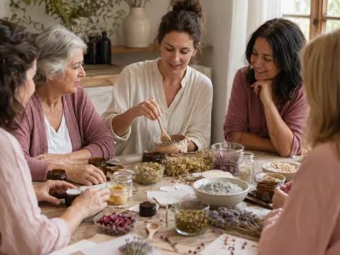 Mujeres elaborando cosmética natural en un taller de autocuidado y autoestima