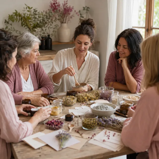 Mujeres elaborando cosmética natural en un taller de autocuidado y autoestima
