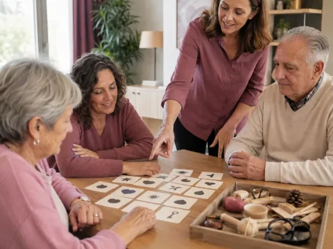 Personas adultas y mayores entrenando memoria y atención con juegos prácticos