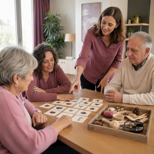 Personas adultas y mayores entrenando memoria y atención con juegos prácticos