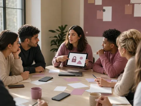 Jóvenes adultos participando en un taller de privacidad y seguridad digital
